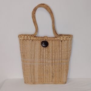 Vintage Raffia Straw Tote Bag Woven Beige Double Handle